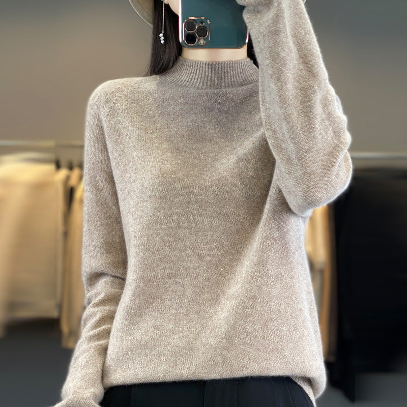 Half Turtleneck 100 Pure Woolen Sweater Ladies Loose Jacquard Base With Long Sleeve Winter Cashmere Sweater Heavy Thickening