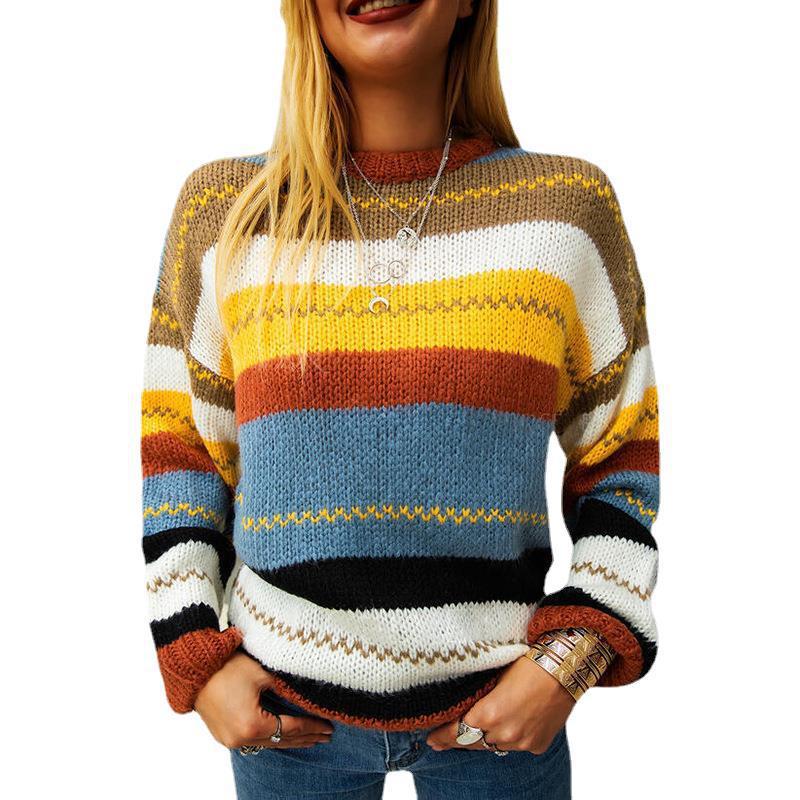 New Spring and Autumn New Women's Color Stripes Splicing Crewneck Long-sleeved Sweater