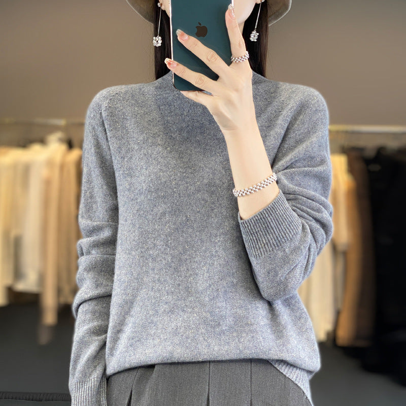 Half Turtleneck 100 Pure Woolen Sweater Ladies Loose Jacquard Base With Long Sleeve Winter Cashmere Sweater Heavy Thickening
