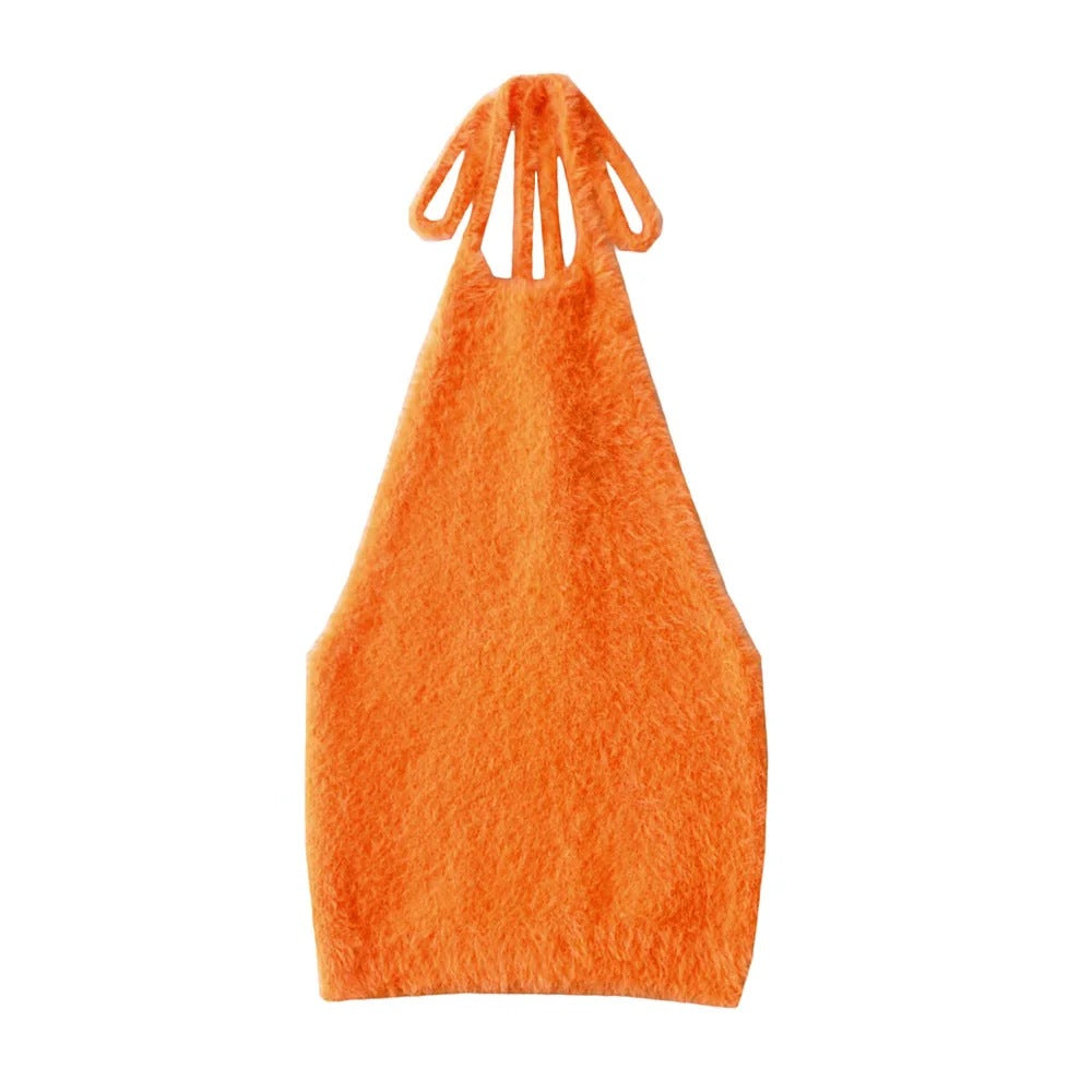 New Hottie Sexy Slim-Fit Halter With Strappy Fleece Tank Top With Halter Knit Halter Back