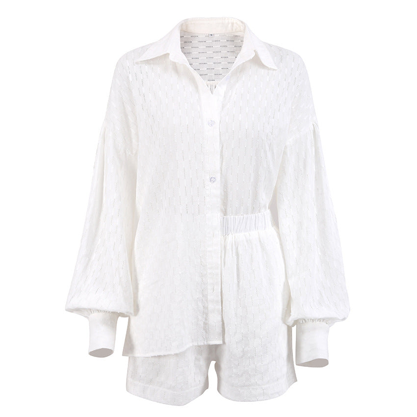 Summer Women's Shirt Jacquard Bubble Sleeve Temperament Top Shorts Commuter Design Sense Of Leisure Suit