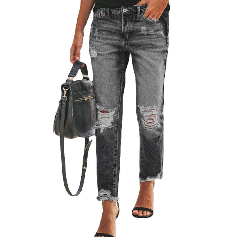 Summer denim chic ripped pants women's slacks