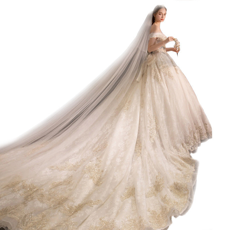New One-shoulder Princess Dream Court Bride Plus Size Luxury Super Fairy Star Long Train Wedding Dress