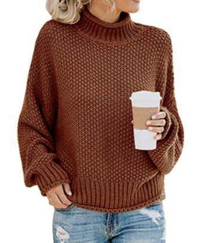 Autumn/Winter New Curled-Edge High-Neck Bat Sleeve Sweater for Women with Thick Line Detail