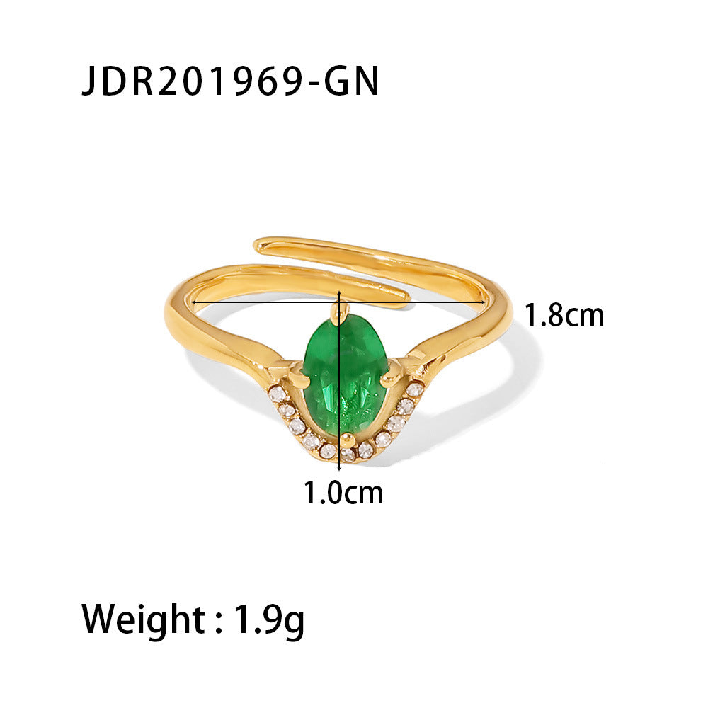 New Titanium Steel Open Ring Women's Fashion 18K Stainless Steel Inlaid/White/Green Zircon Ring