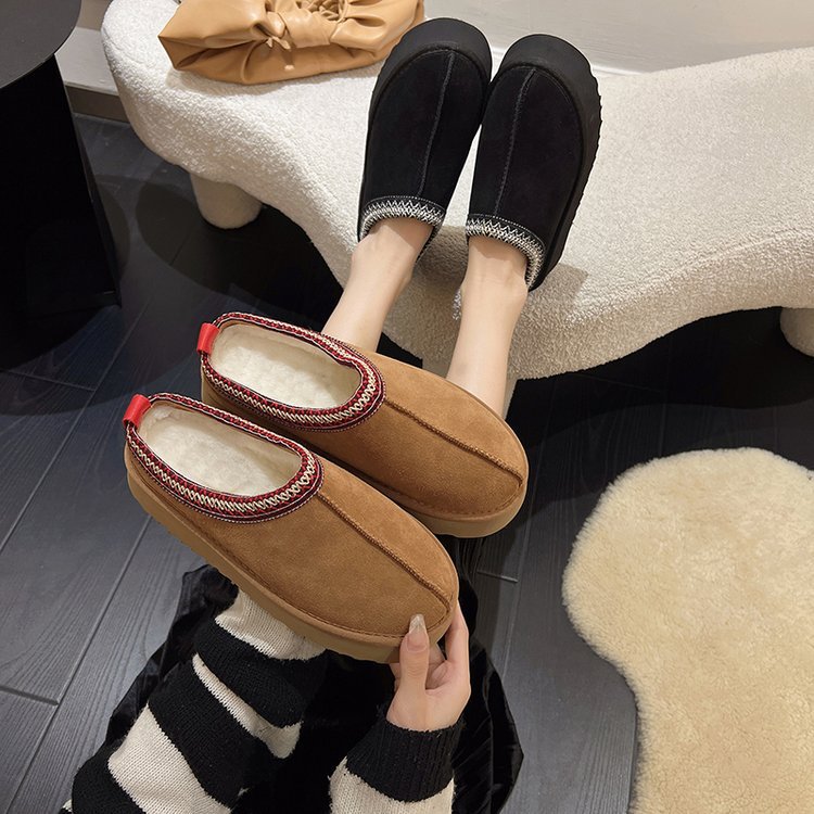 New lazy man a slip-on snow boots women's new winter fur one head slippers muffin thick sole woolen cotton shoes
