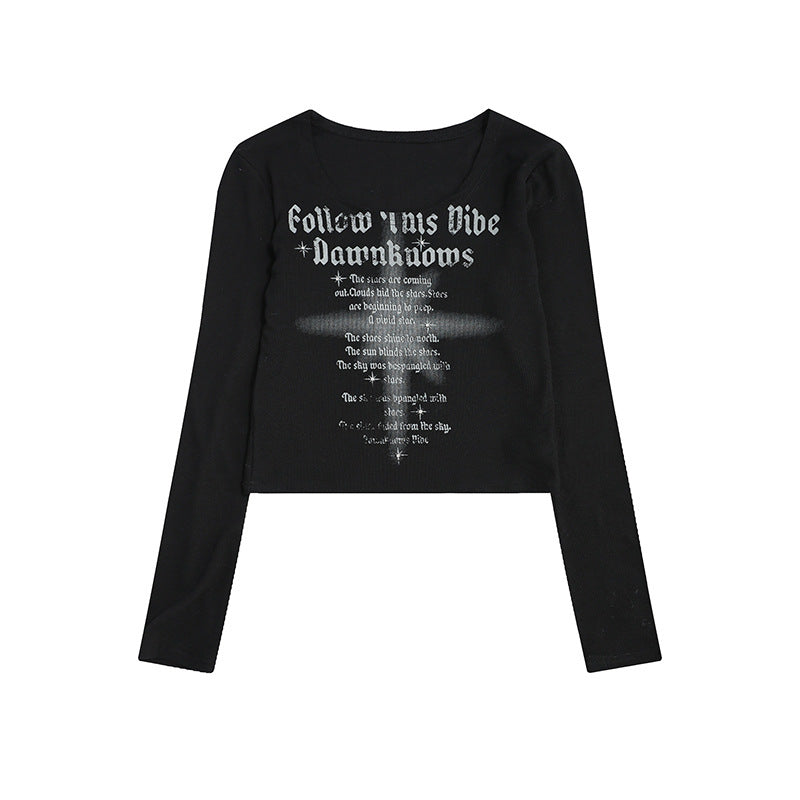 Women's Spice Girl U-Neck Slim Letter Long Sleeve T-Shirt Woman Autumn Slim Slim Short Top Woman