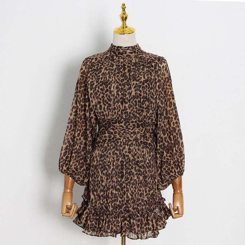 Autumn Fashion Temperament Elegant Stand Collar Lantern Sleeve Leopard Print Waist Slimming Short Dress