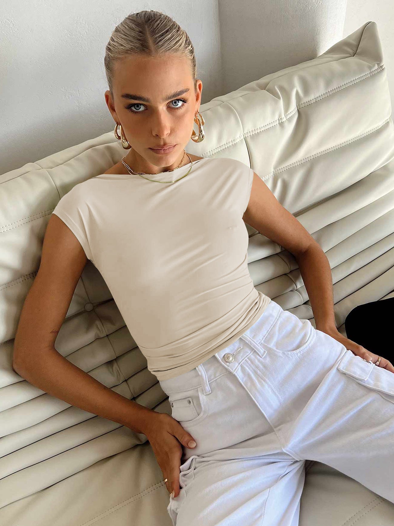 Fashion Y2K Summer Sexy Backless Nylon Moisture Absorption And Sweat Drainage Comfortable Breathable Short Sleeve Slim Top T-Shirt