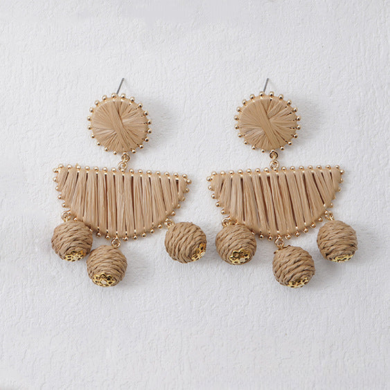 5 pairs Fan-Shaped Hand-Woven Raffia Grass Round Fringe Exaggerated Female Earrings