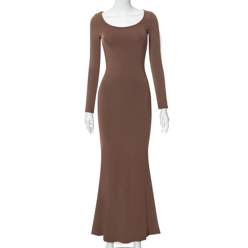 Casual Long-Sleeved High-Waisted Slim-Fit Halter Dress