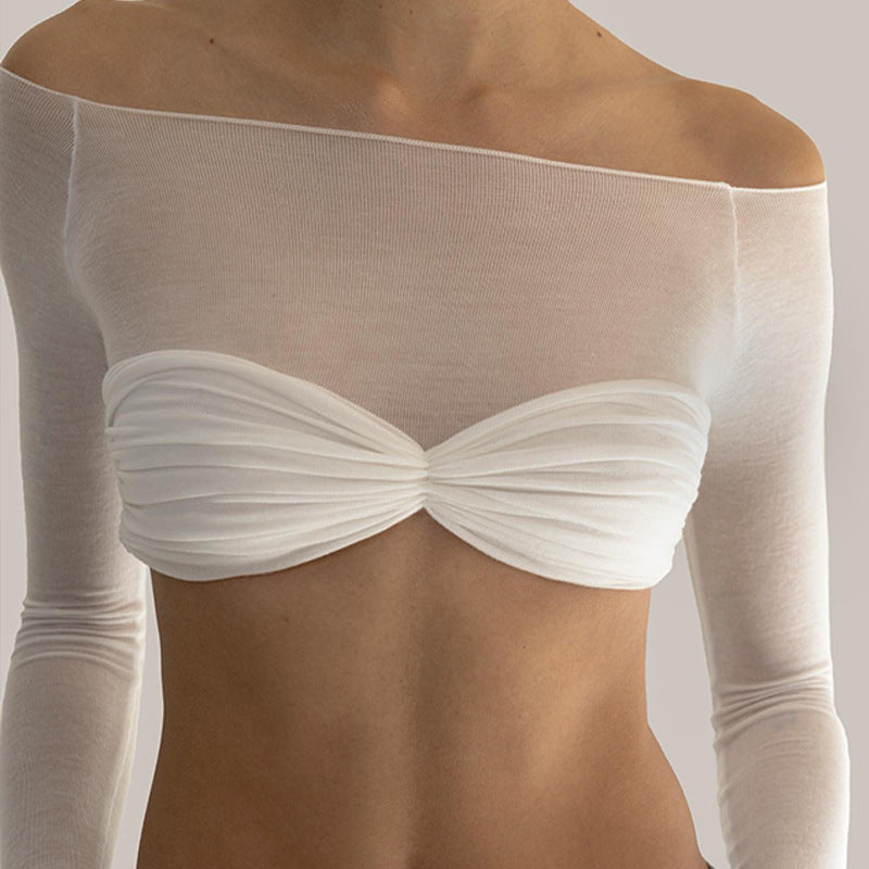 Sleek Women's Slim-Fit Crop Top T-Shirt: Short Long Sleeves, One-Line Collar, Wrapped Chest Waist