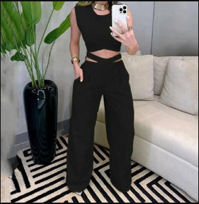 Women's Autumn New Temperament Round Neck Sleeveless Top Cross Waist Wide Leg Trousers Leisure Suit