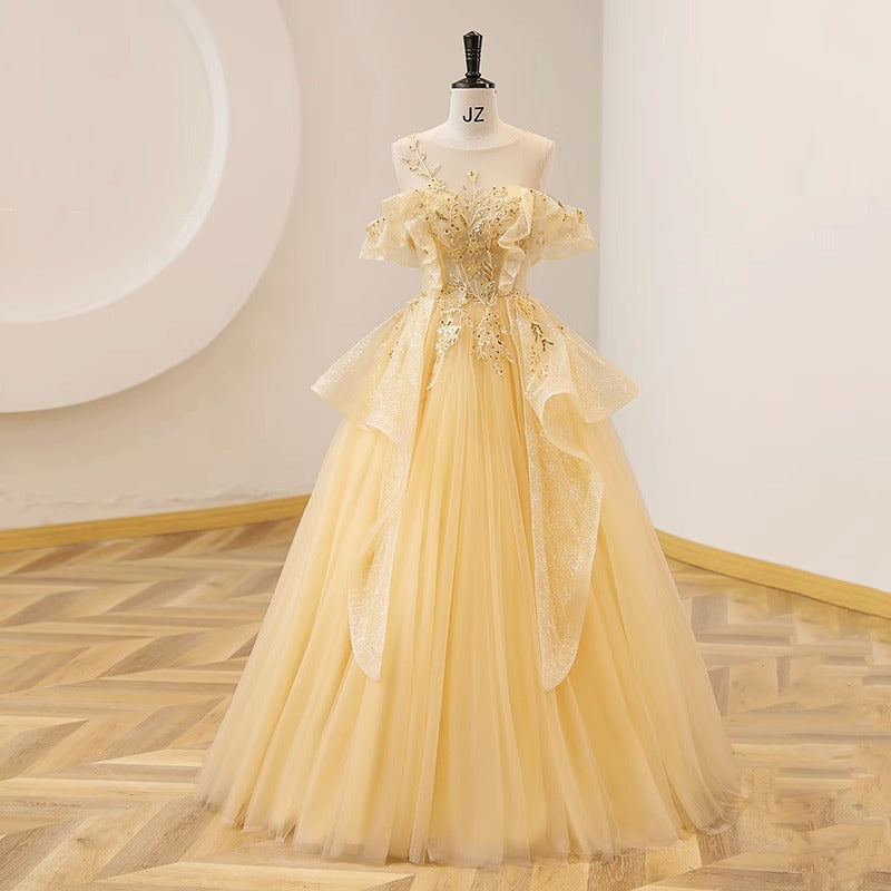 New Color Yarn Yellow Evening Dress Students Vocal Art Test Performance Dress Bel Canto Solo Pondy Skirt Presided Over The Annual Meeting