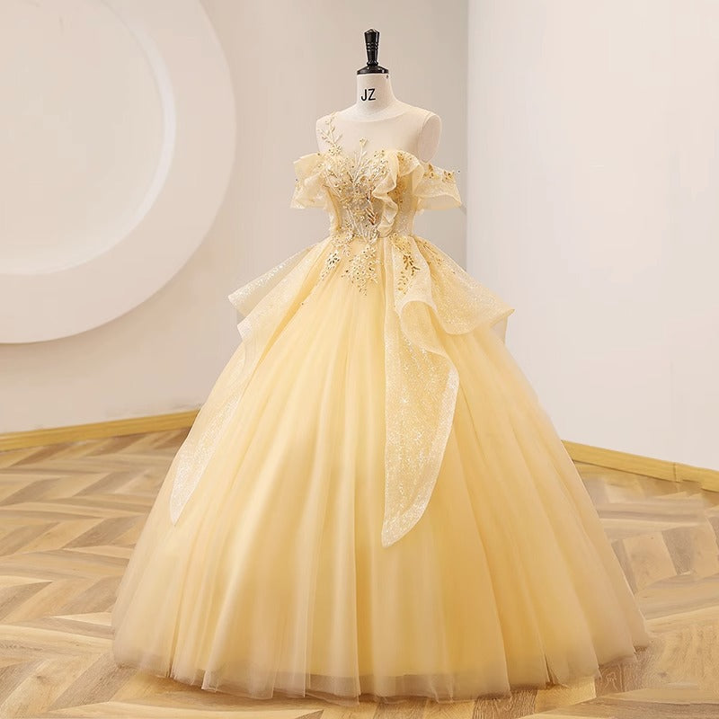 New Color Yarn Yellow Evening Dress Students Vocal Art Test Performance Dress Bel Canto Solo Pondy Skirt Presided Over The Annual Meeting