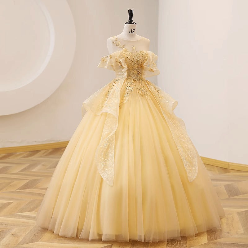 New Color Yarn Yellow Evening Dress Students Vocal Art Test Performance Dress Bel Canto Solo Pondy Skirt Presided Over The Annual Meeting