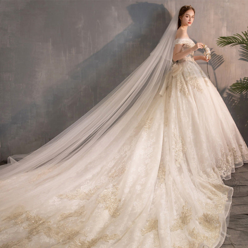New One-shoulder Princess Dream Court Bride Plus Size Luxury Super Fairy Star Long Train Wedding Dress