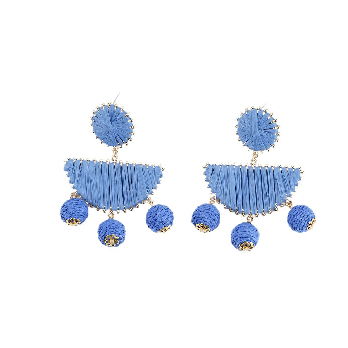 5 pairs Fan-Shaped Hand-Woven Raffia Grass Round Fringe Exaggerated Female Earrings