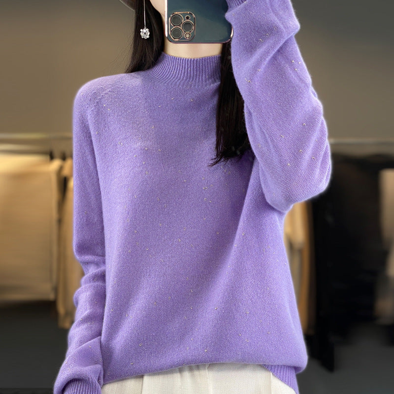 Half Turtleneck 100 Pure Woolen Sweater Ladies Loose Jacquard Base With Long Sleeve Winter Cashmere Sweater Heavy Thickening
