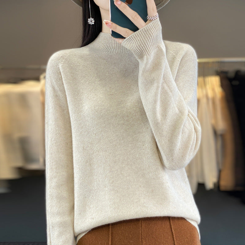 Half Turtleneck 100 Pure Woolen Sweater Ladies Loose Jacquard Base With Long Sleeve Winter Cashmere Sweater Heavy Thickening