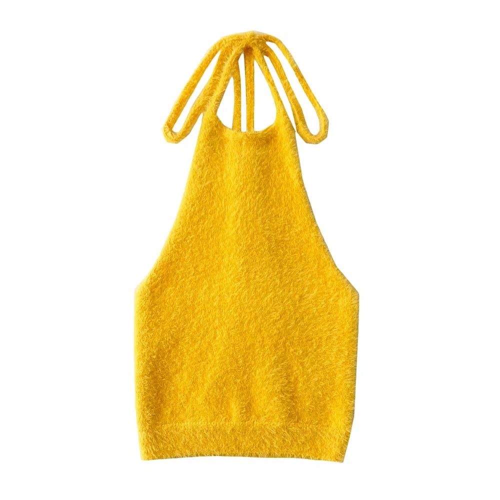 New Hottie Sexy Slim-Fit Halter With Strappy Fleece Tank Top With Halter Knit Halter Back