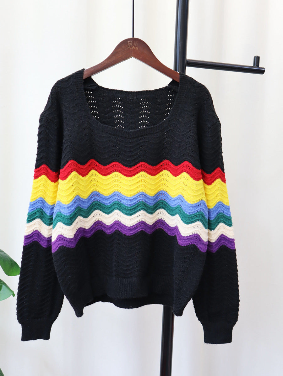Rainbow Striped Square Collar Sweater