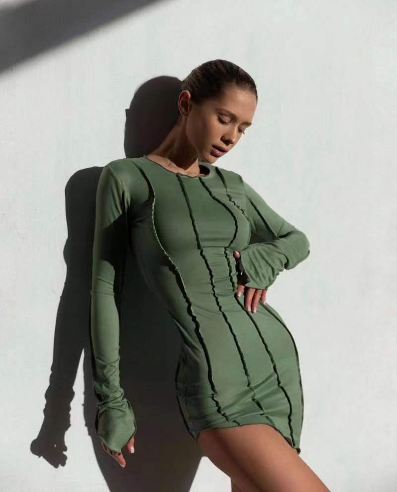 Trendy Tight Long-Sleeved Crew-Neck Dress for Women