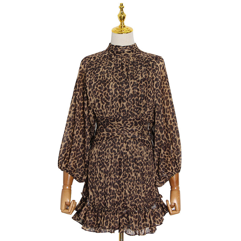 Autumn Fashion Temperament Elegant Stand Collar Lantern Sleeve Leopard Print Waist Slimming Short Dress