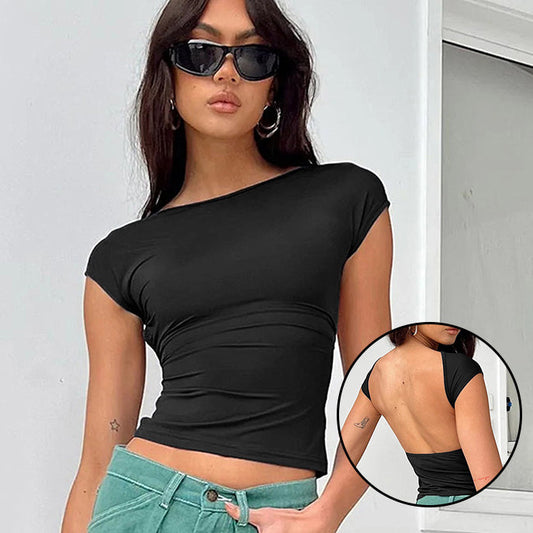 Fashion Y2K Summer Sexy Backless Nylon Moisture Absorption And Sweat Drainage Comfortable Breathable Short Sleeve Slim Top T-Shirt
