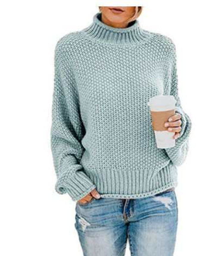 Autumn/Winter New Curled-Edge High-Neck Bat Sleeve Sweater for Women with Thick Line Detail