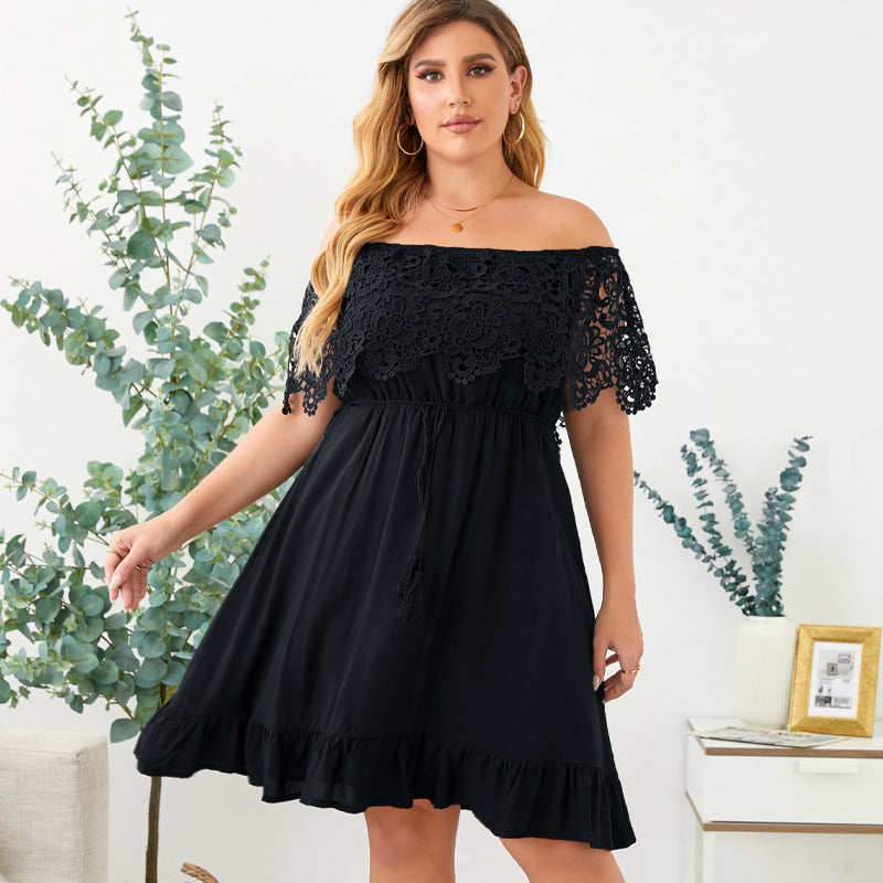 Summer New Lace Short Sleeve Large Size Dress Solid Color Line Collar Dress