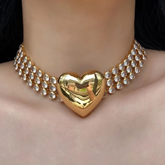 Full Of Diamond Flash Diamond Gold-Plated Love Necklace Exaggerated Personality Daily Short Necklace Spice Hip Hop Collarbone