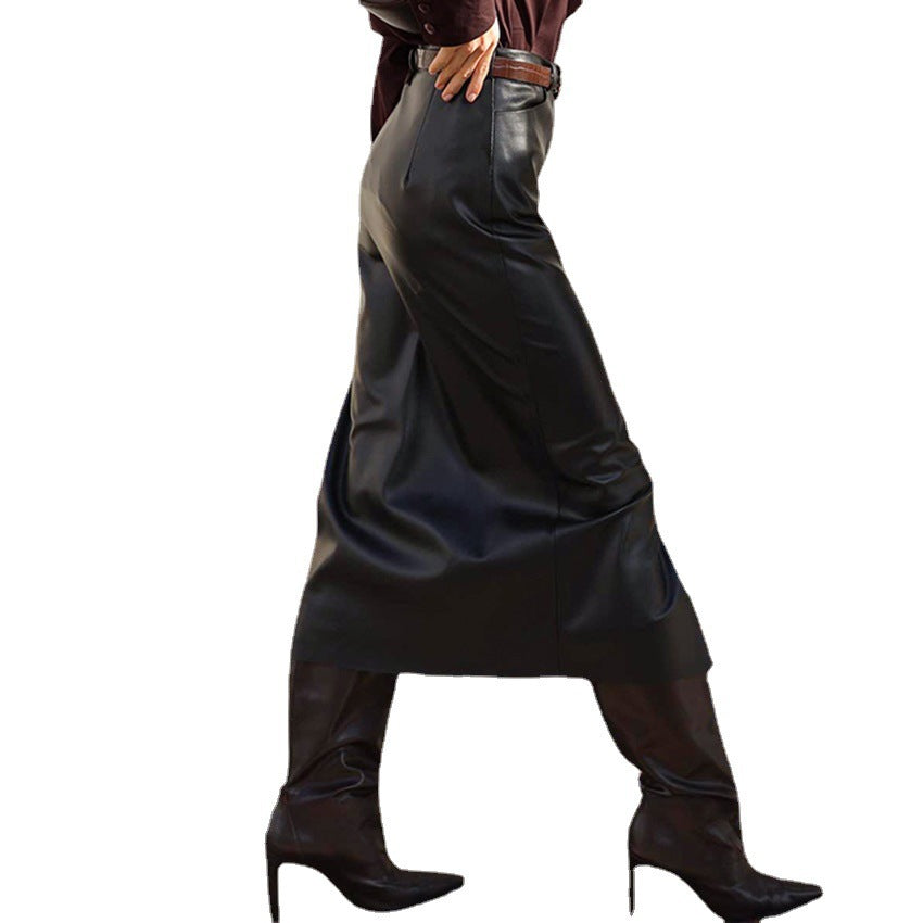 Autumn/Winter New Sexy Split Black Leather Skirt Commuter Leather High Waist Straight Skirt Mid-Length