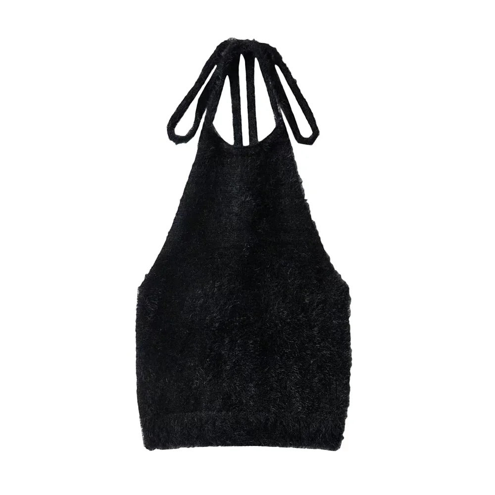 New Hottie Sexy Slim-Fit Halter With Strappy Fleece Tank Top With Halter Knit Halter Back