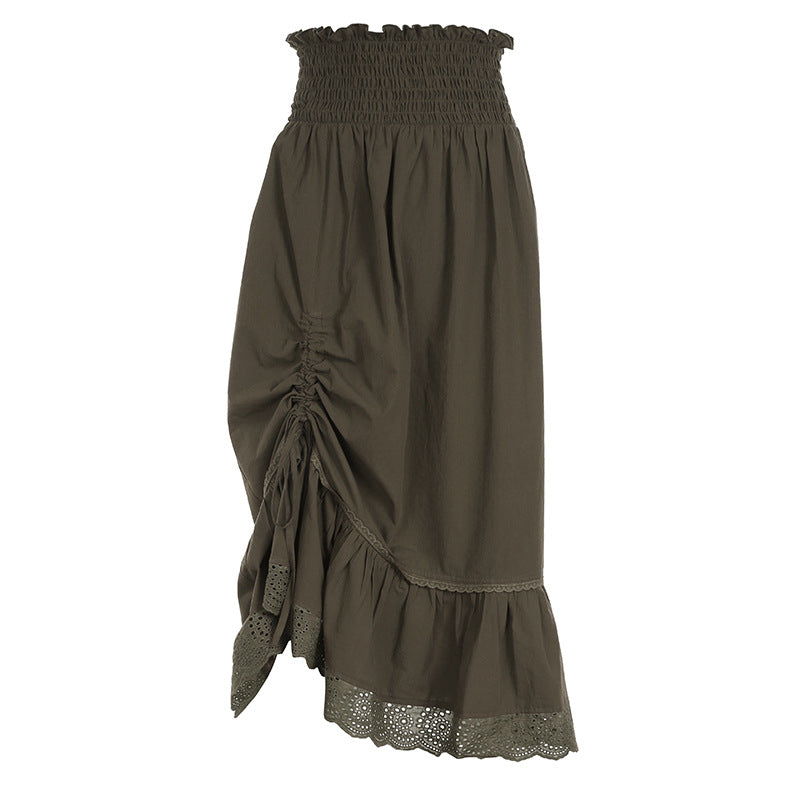 Lace Pleated Half Skirt Women's Long High Waist Side Pull Pleated Design Sag Irregular A-Line Skirt