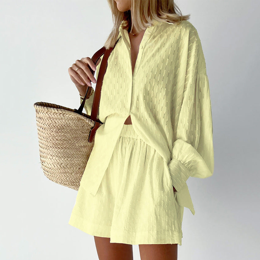 Summer Women's Shirt Jacquard Bubble Sleeve Temperament Top Shorts Commuter Design Sense Of Leisure Suit