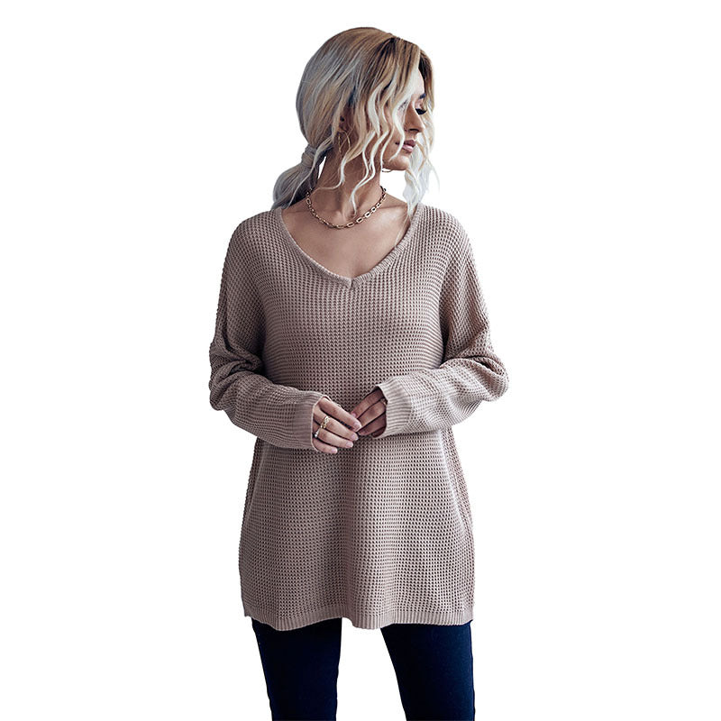 Loose Long Sleeve V-Neck Solid Color Sweater for Early Autumn