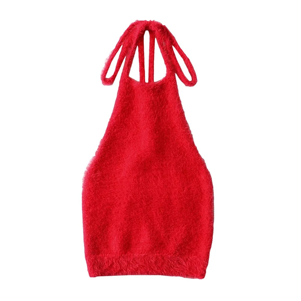 New Hottie Sexy Slim-Fit Halter With Strappy Fleece Tank Top With Halter Knit Halter Back