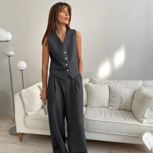 Summer New Neutral Minimalist Grey Sleeveless Vest Suit Fashion Two-Piece Suit For Women
