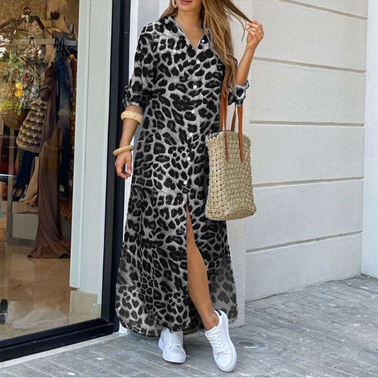 Fashionable Leopard Print Women's Long Shirt Dress with Skirt Slit, a Must-Have for Trendsetters