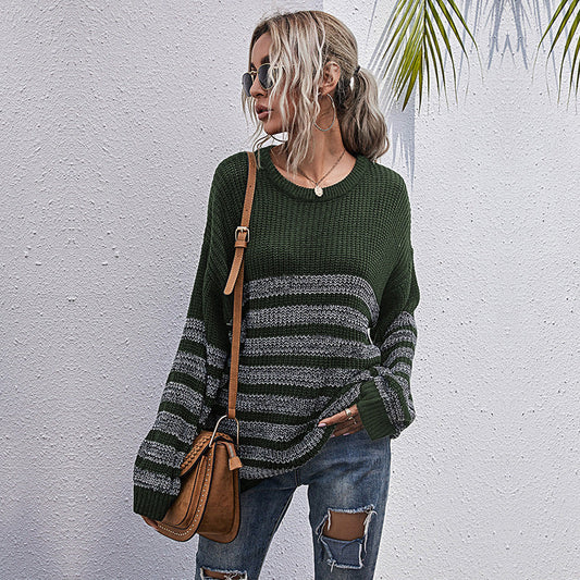 Women's Autumn Loose Striped Round Neck Long Long-Sleeved Sweater Knitwear Women