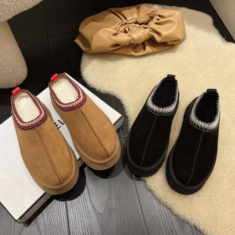 New lazy man a slip-on snow boots women's new winter fur one head slippers muffin thick sole woolen cotton shoes