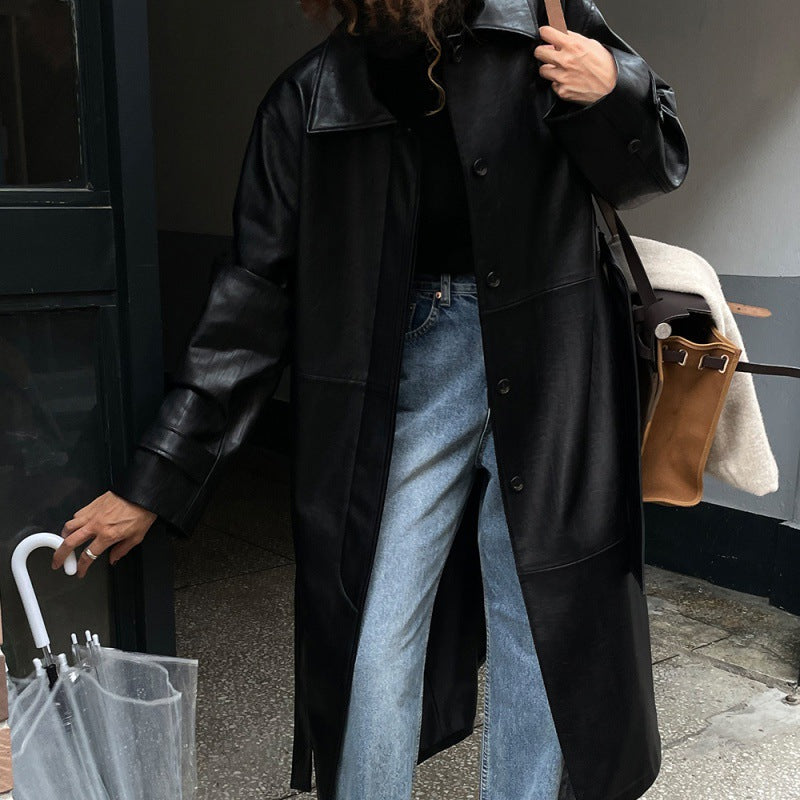 Long Leather Women Autumn-Winter Retro Handsome Lapel Loose Strap Texture Pu Leather Trench Coat