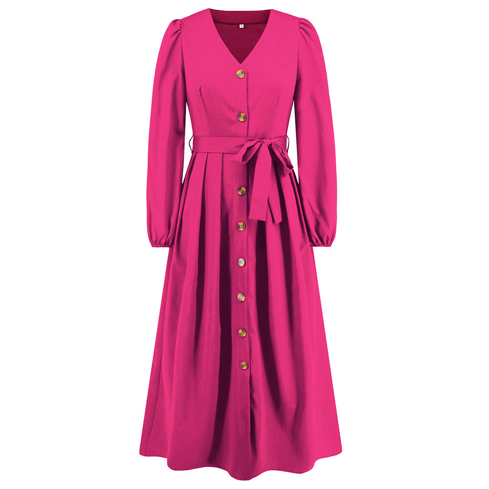 V-Neck Single-Breasted Slim-Fit Dress Plus-Size Women's Clothing