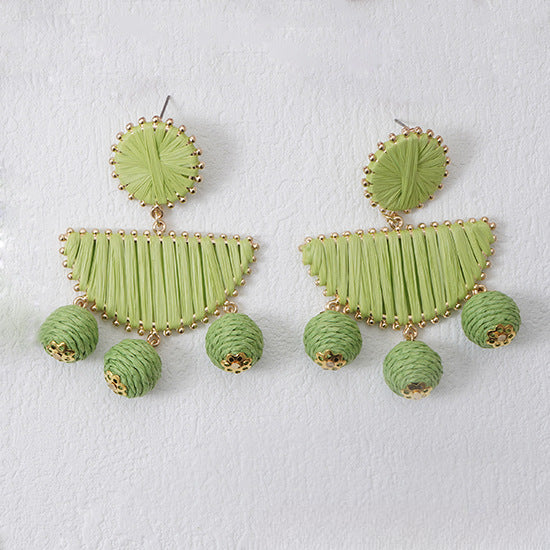 5 pairs Fan-Shaped Hand-Woven Raffia Grass Round Fringe Exaggerated Female Earrings