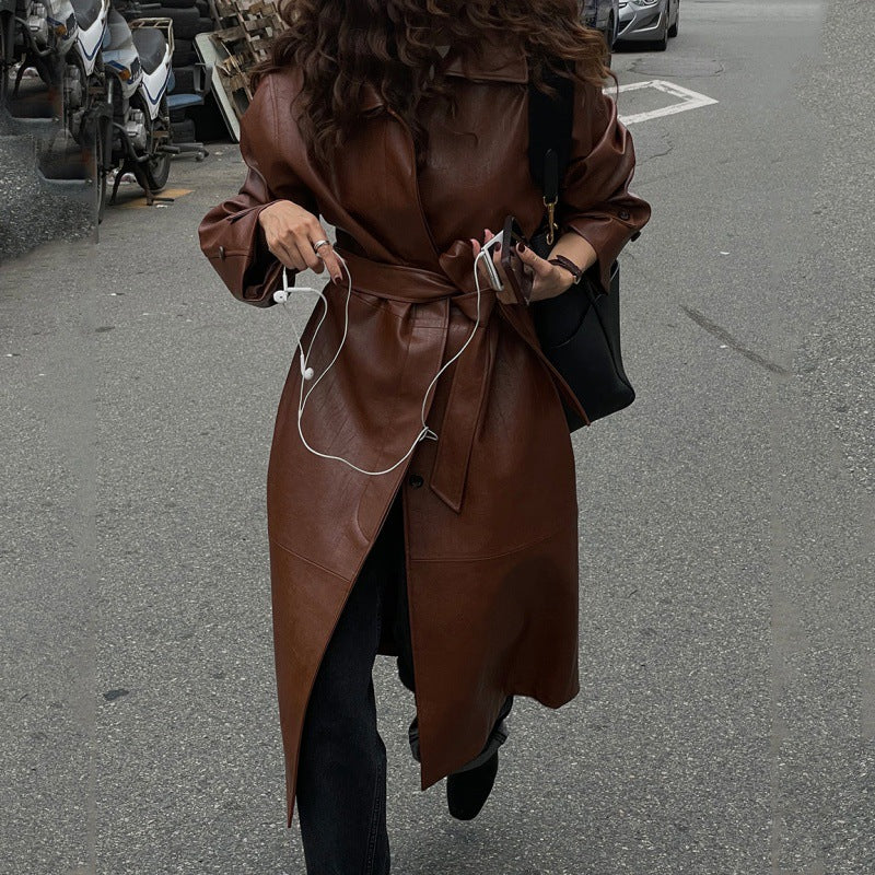 Long Leather Women Autumn-Winter Retro Handsome Lapel Loose Strap Texture Pu Leather Trench Coat