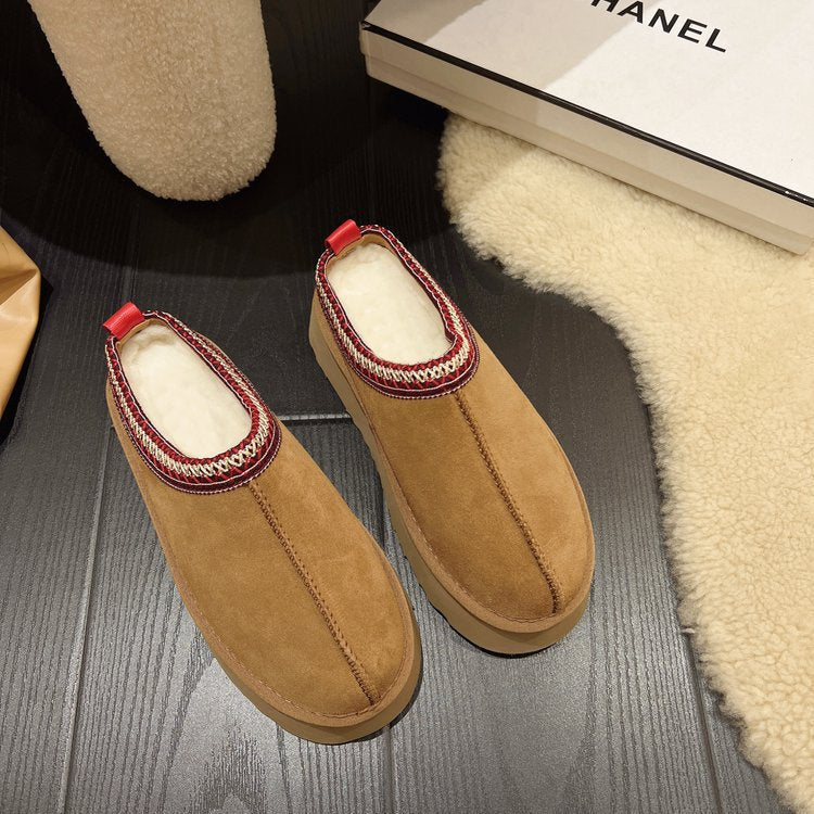 New lazy man a slip-on snow boots women's new winter fur one head slippers muffin thick sole woolen cotton shoes