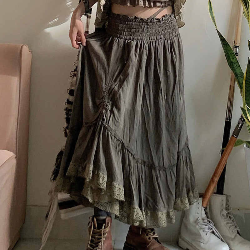 Lace Pleated Half Skirt Women's Long High Waist Side Pull Pleated Design Sag Irregular A-Line Skirt