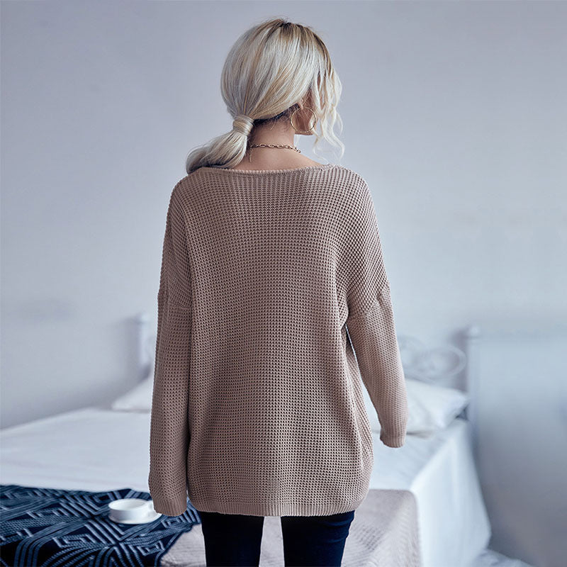 Loose Long Sleeve V-Neck Solid Color Sweater for Early Autumn