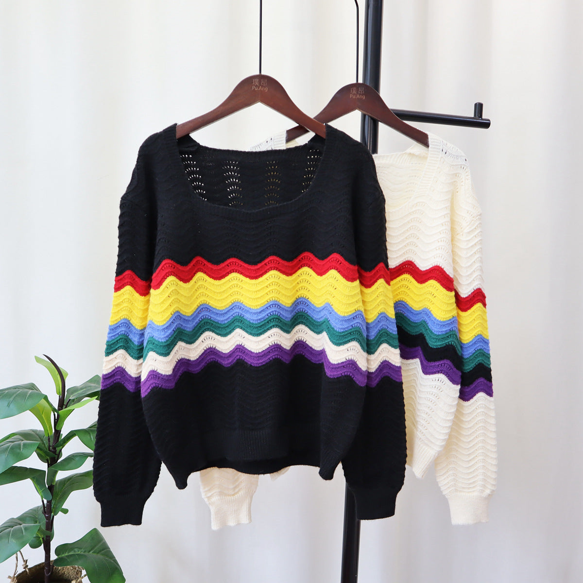 Rainbow Striped Square Collar Sweater